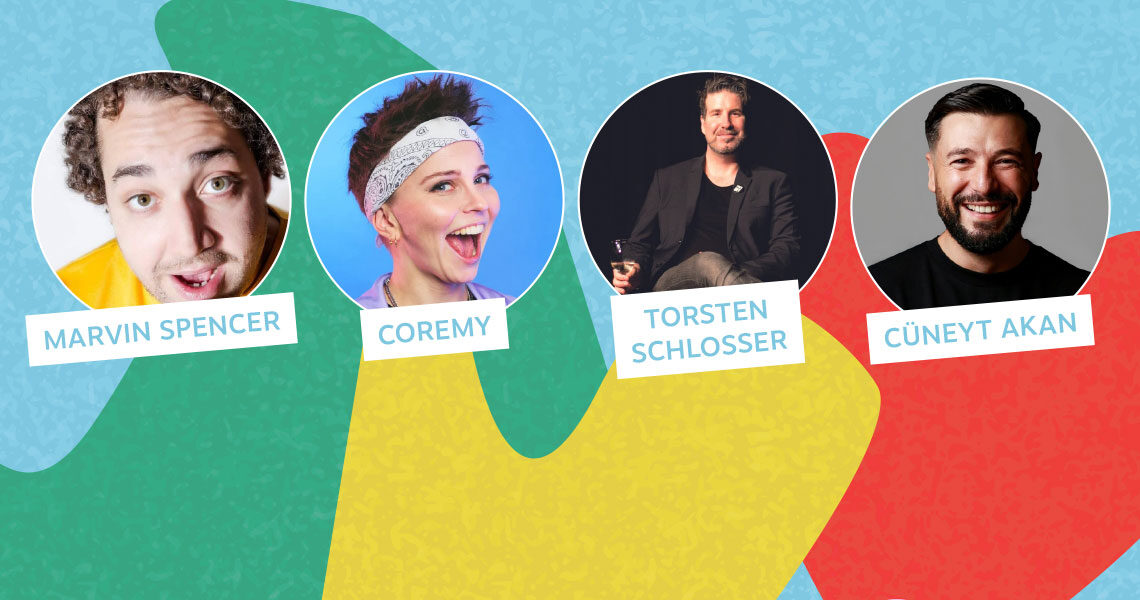 Die Profilbilder der Comedy-Talente: Marvin Spencer, Coremy, Torsten Schlosser, Cünet Akan auf einem bunten Hintergrund