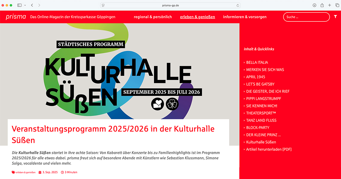 Kulturhalle Süßen im Online-Magazin "prisma" Screenshot des Online-Magazins „prisma“ der Kreissparkasse Göppingen mit dem Titelbild zum Veranstaltungsprogramm 2025/2026 der Kulturhalle Süßen. Im Mittelpunkt steht das bunte Logo mit dem Text „Kulturhalle Süßen – September 2025 bis Juli 2026“. Rechts sind Veranstaltungstitel als Quicklinks gelistet.