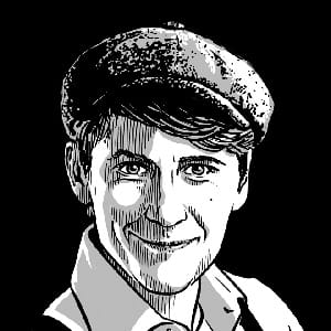 Robert Nippoldt Grafische Schwarz-Weiß-Illustration eines Mannes mit Schiebermütze, stilisierte Porträtzeichnung.