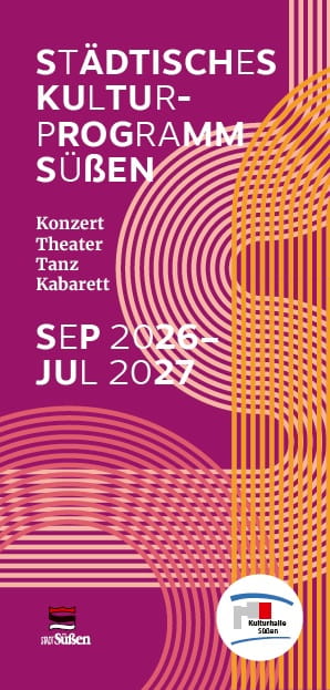 Titelseite der Saisonbroschüre „Städtisches Kulturprogramm Süßen“ für September 2026 bis Juli 2027 mit grafischem Muster in Magenta, Orange und Weiß. Aufgeführt sind die Sparten Konzert, Theater, Tanz und Kabarett.